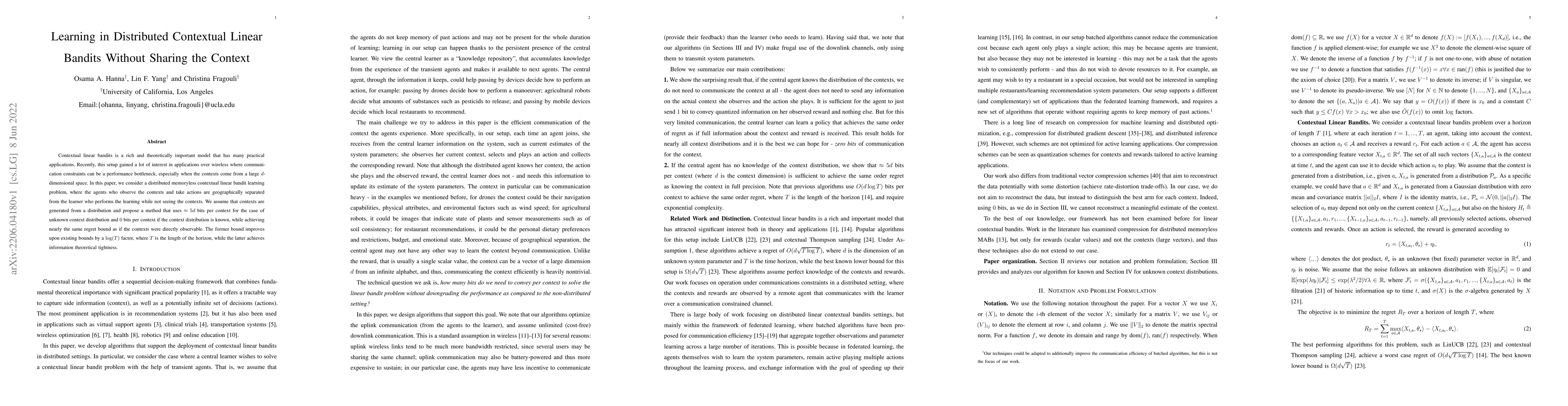 Thumbnail for Learning in Distributed Contextual Linear Bandits Without Sharing the
  Context