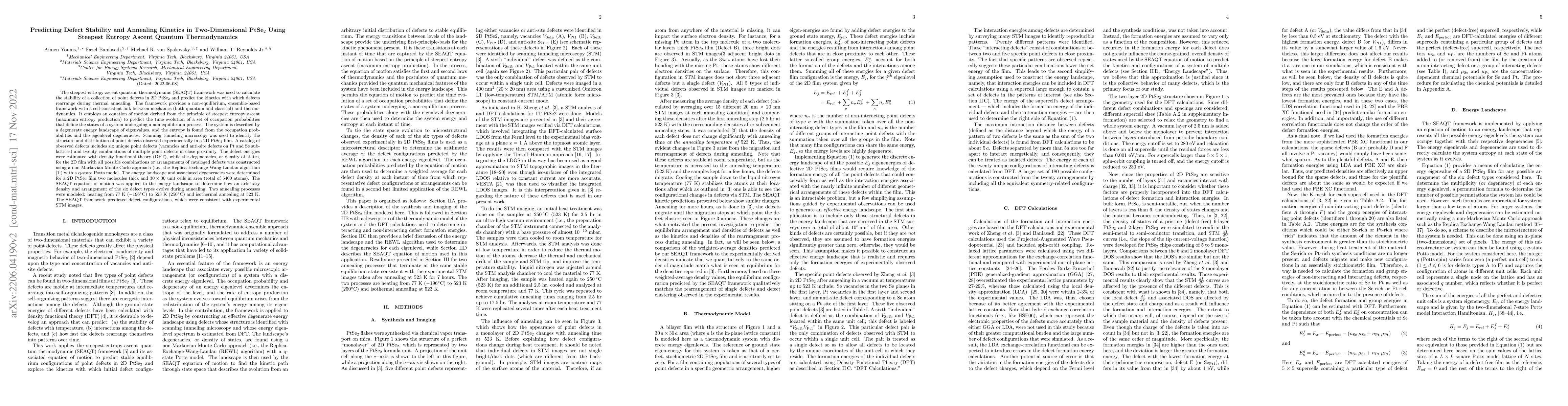 Thumbnail for Predicting Defect Stability and Annealing Kinetics in Two-Dimensional
  PtSe$_2$ Using Steepest Entropy Ascent Quantum Thermodynamics
