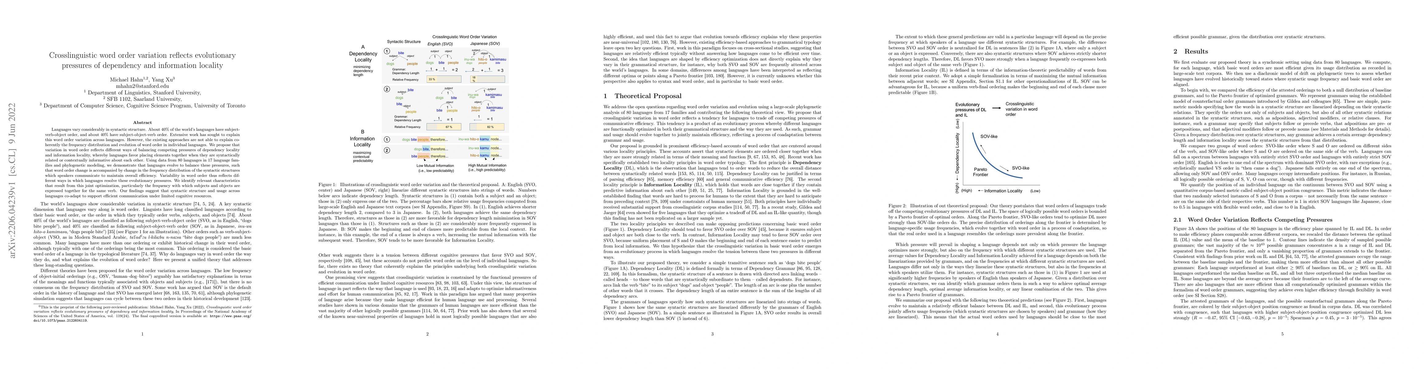 Thumbnail for Crosslinguistic word order variation reflects evolutionary pressures of
  dependency and information locality