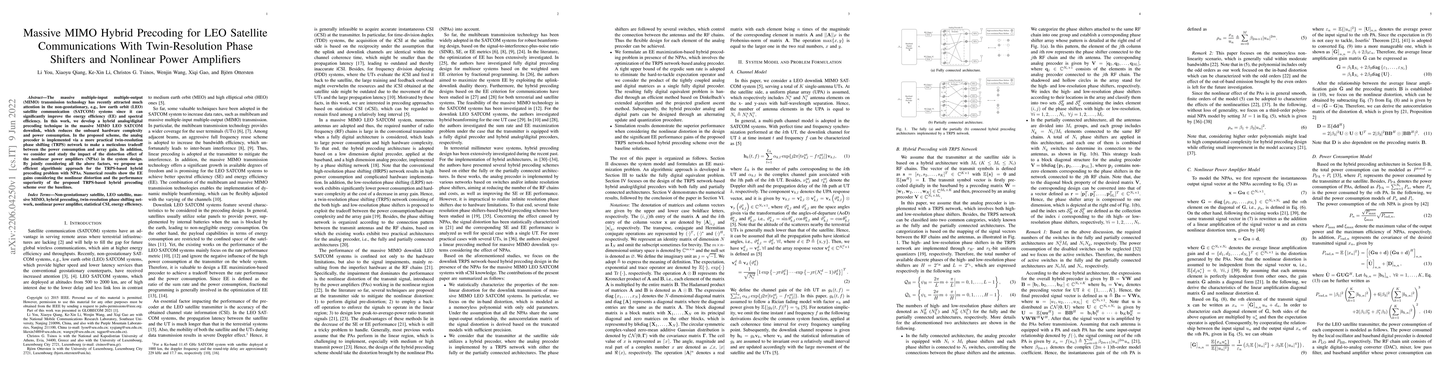 Thumbnail for Massive MIMO Hybrid Precoding for LEO Satellite Communications With
  Twin-Resolution Phase Shifters and Nonlinear Power Amplifiers