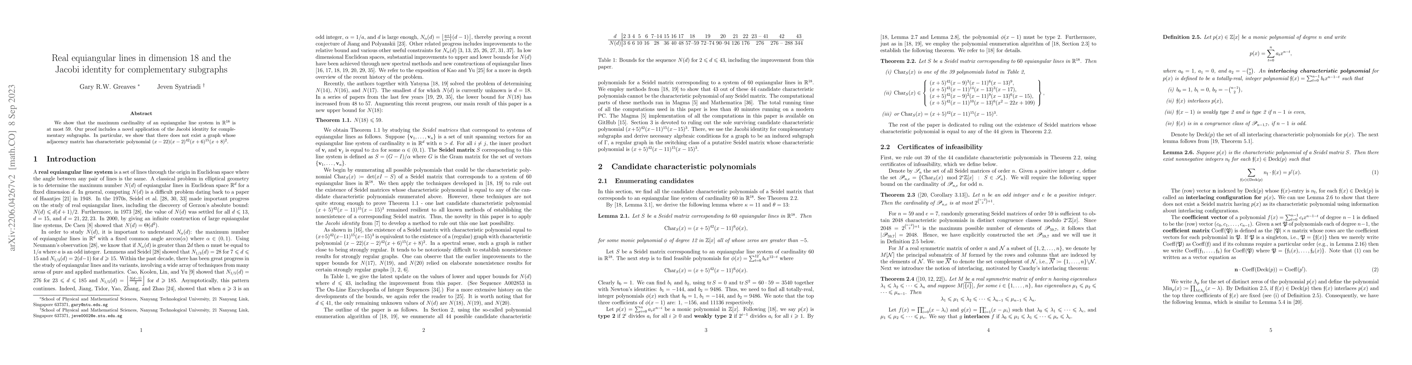Thumbnail for Real equiangular lines in dimension 18 and the Jacobi identity for
  complementary subgraphs