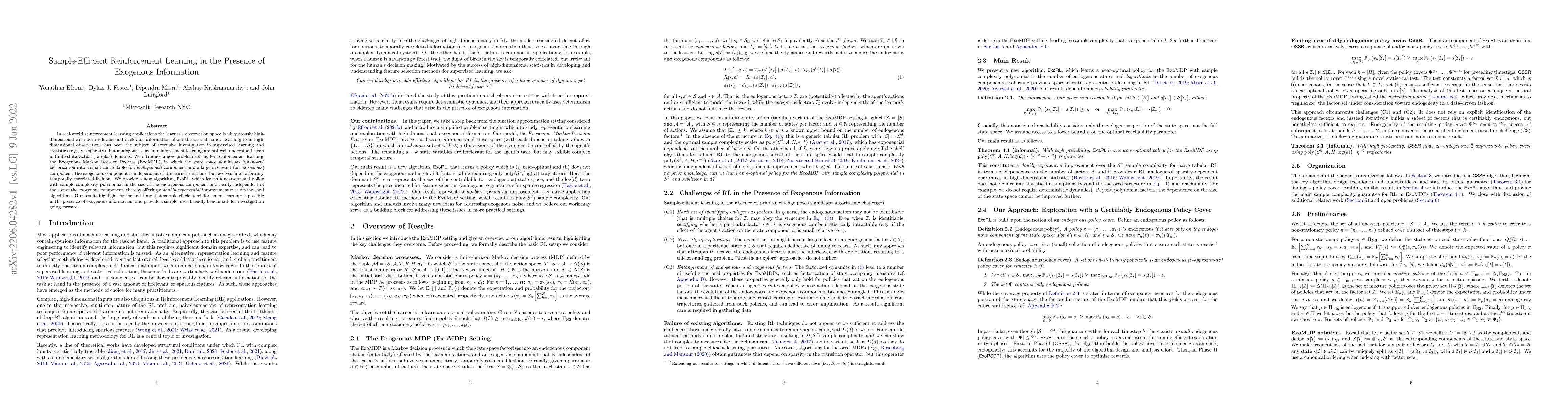 Thumbnail for Sample-Efficient Reinforcement Learning in the Presence of Exogenous
  Information