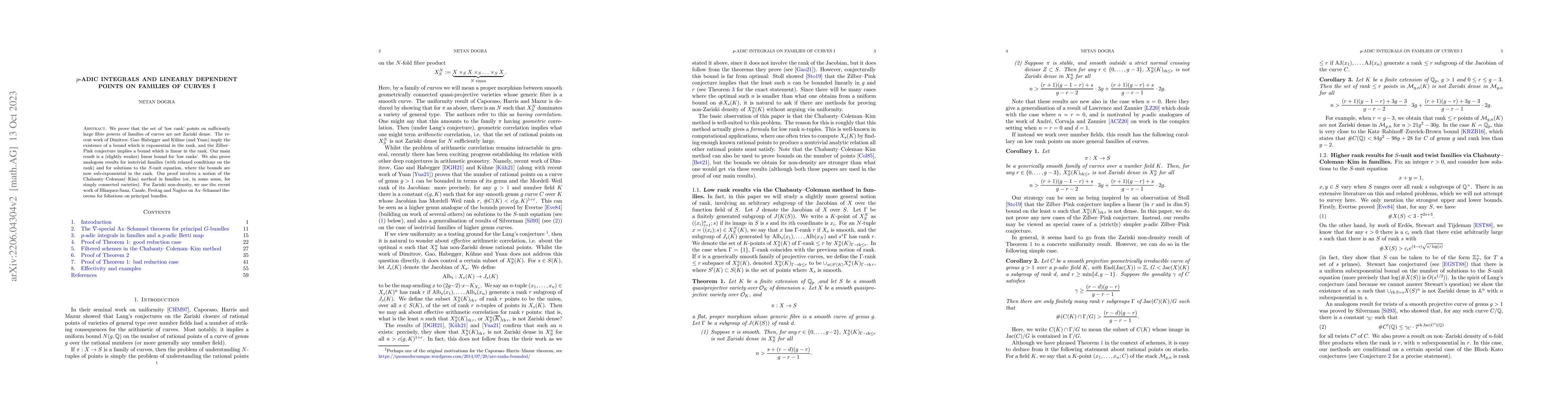 Thumbnail for p-adic integrals and linearly dependent points on families of curves I