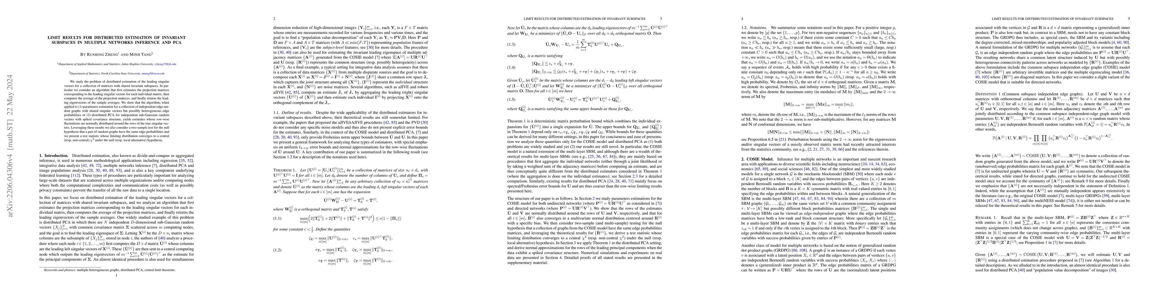 Thumbnail for Limit results for distributed estimation of invariant subspaces in
  multiple networks inference and PCA