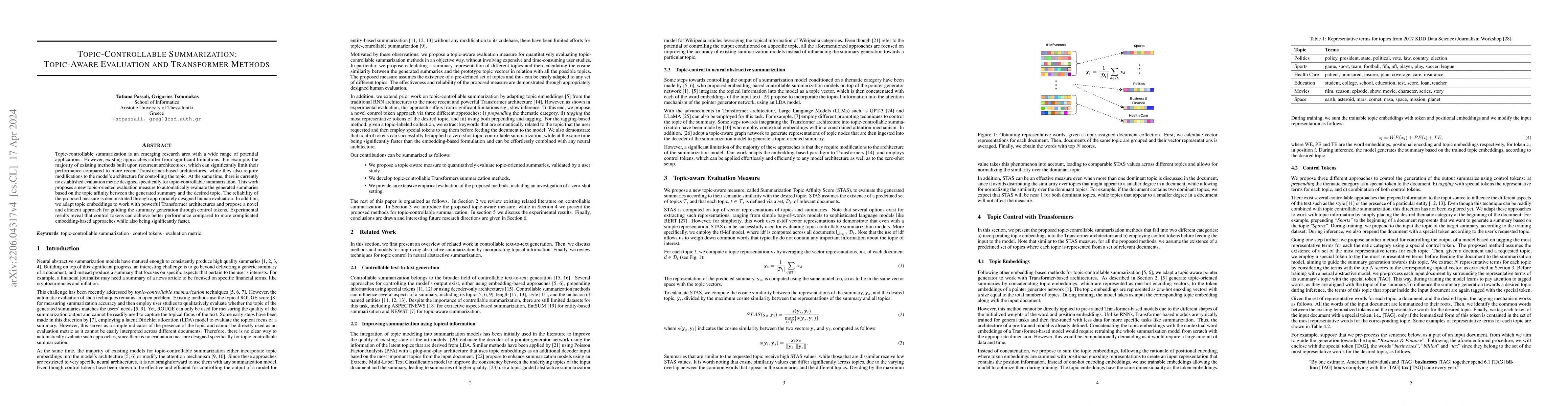 Thumbnail for Topic-Controllable Summarization: Topic-Aware Evaluation and Transformer
  Methods