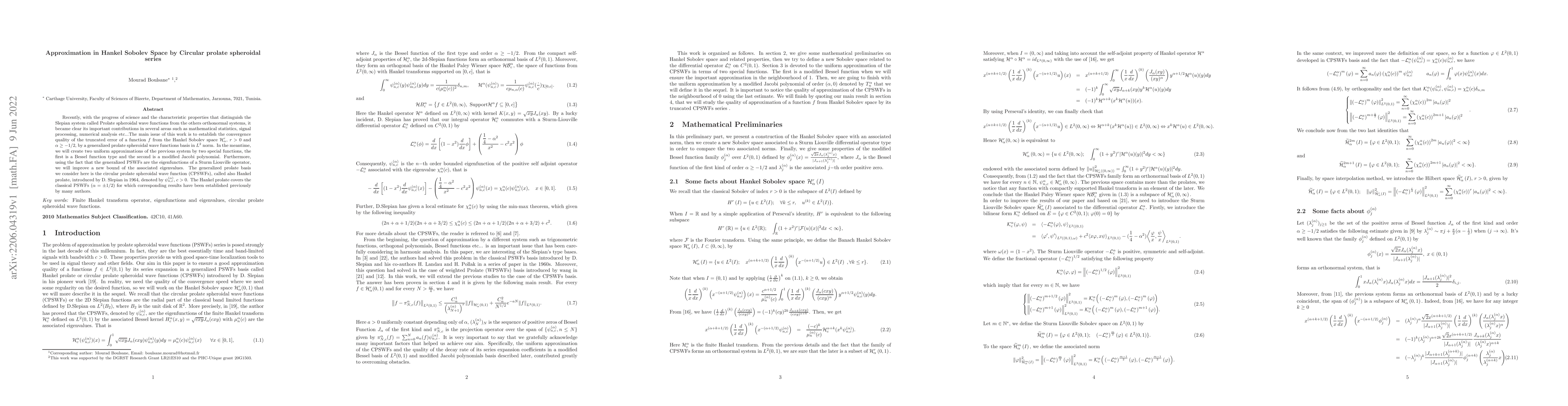 Thumbnail for Approximation in Hankel Sobolev Space by Circular prolate spheroidal
  series