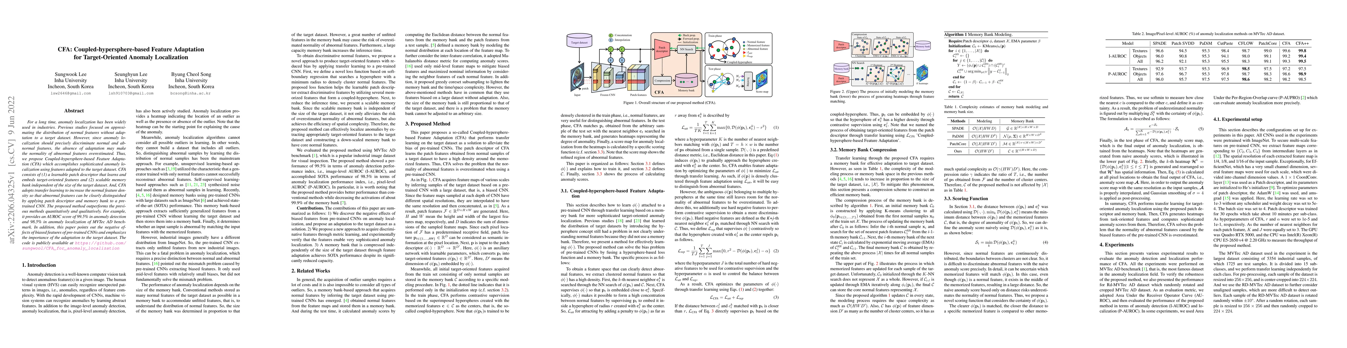 Thumbnail for CFA: Coupled-hypersphere-based Feature Adaptation for Target-Oriented
  Anomaly Localization