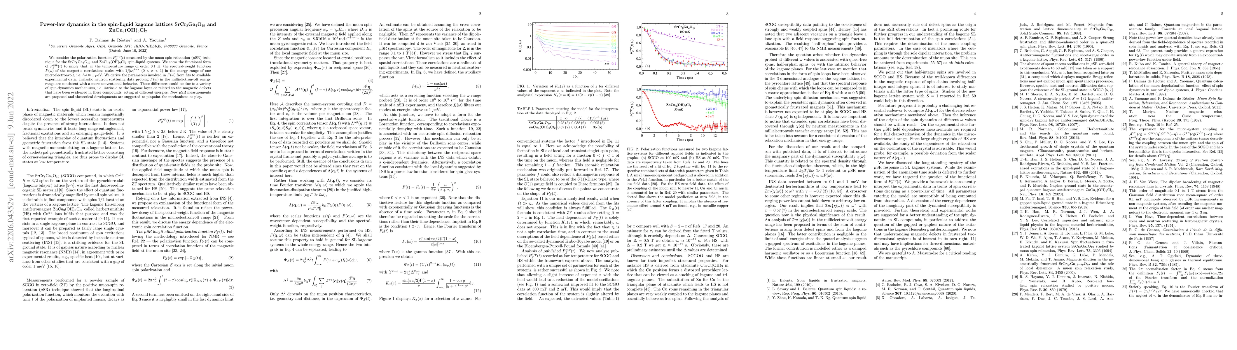 Thumbnail for Power-law dynamics in the spin-liquid kagome lattices SrCr8Ga4O19 and
  ZnCu3(OH)6Cl2