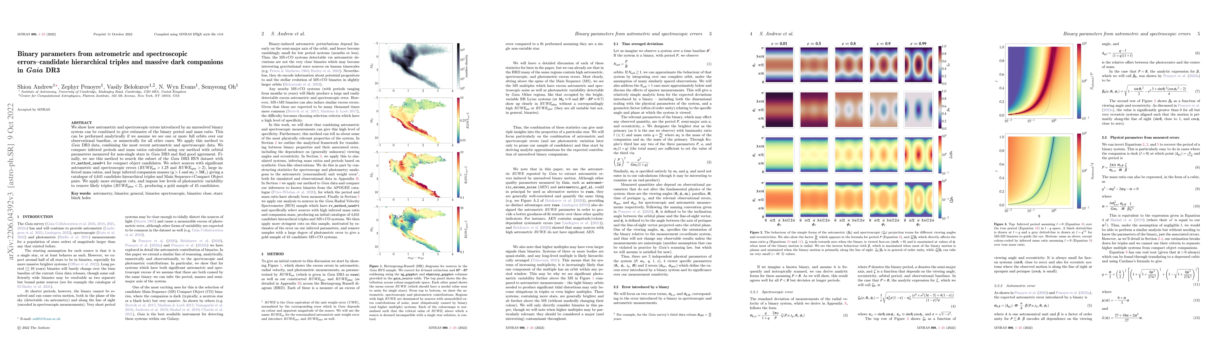 Thumbnail for Binary parameters from astrometric and spectroscopic errors--candidate
  hierarchical triples and massive dark companions in Gaia DR3