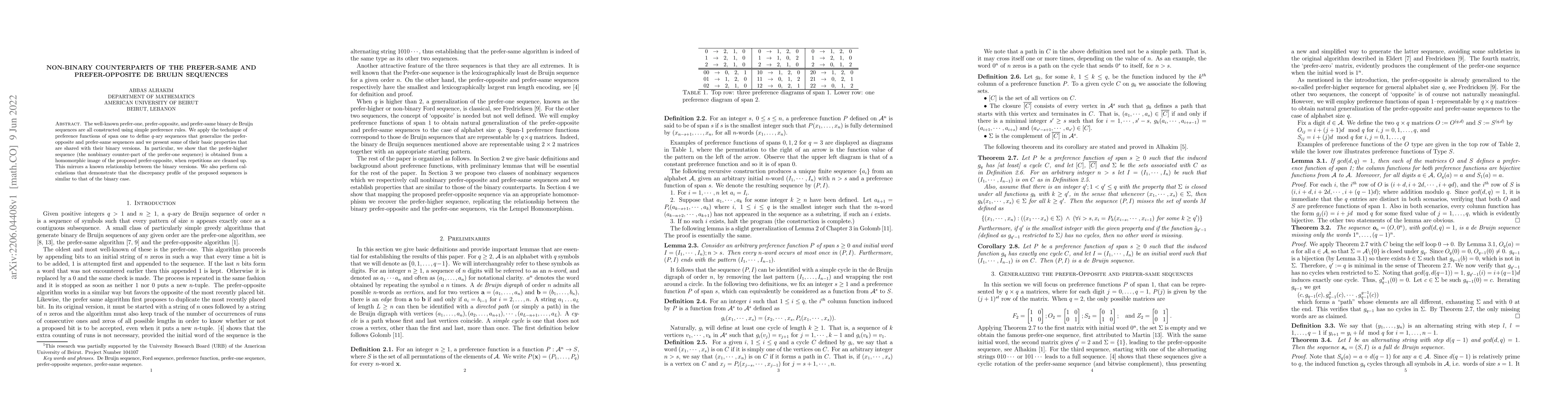 Thumbnail for Nonbinary Counterparts of the Prefer-Same and Prefer-Opposite de Bruijn
  Sequences