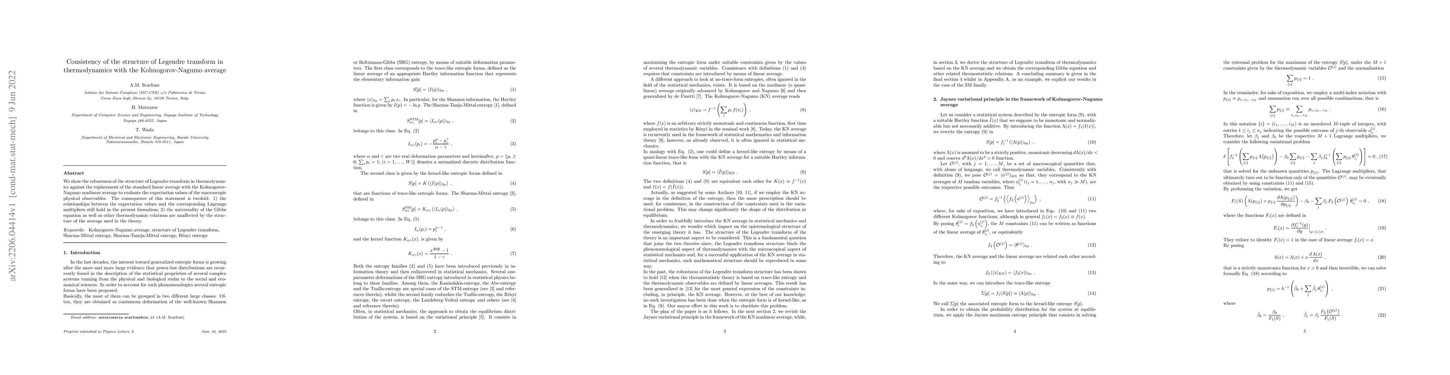 Thumbnail for Consistency of the structure of Legendre transform in thermodynamics
  with the Kolmogorov-Nagumo average