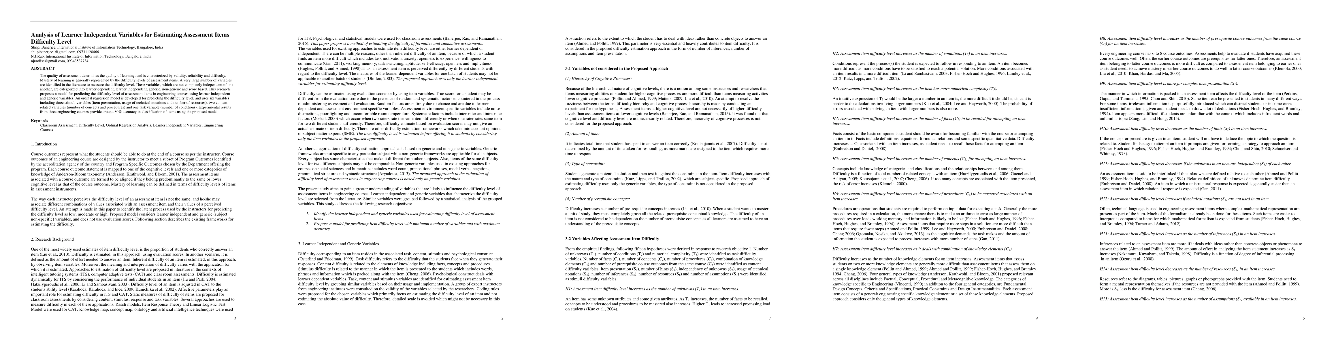 Thumbnail for Analysis of Learner Independent Variables for Estimating Assessment
  Items Difficulty Level