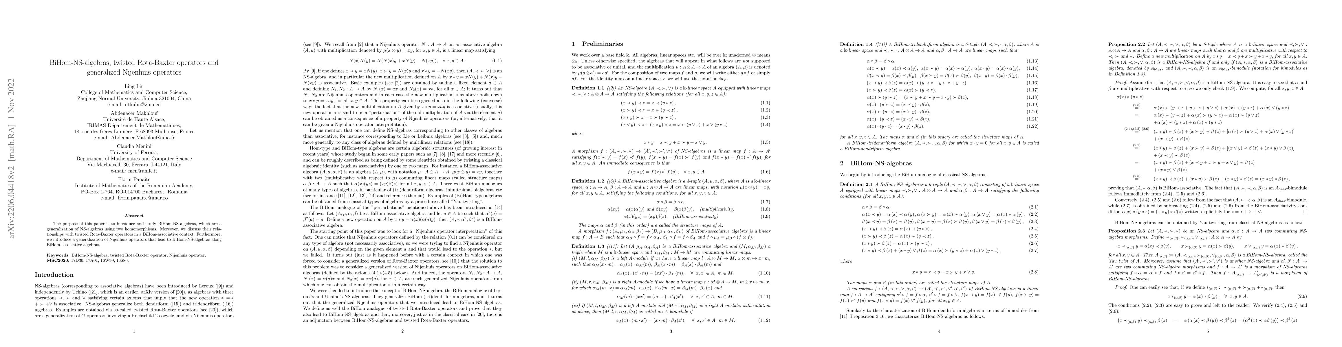 Thumbnail for BiHom-NS-algebras, twisted Rota-Baxter operators and generalized
  Nijenhuis operators