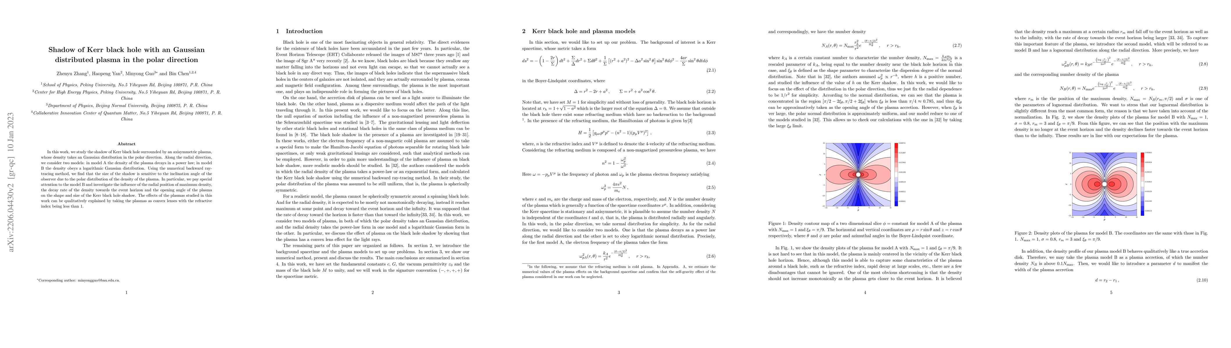 Thumbnail for Shadows of Kerr black holes with a Gaussian-distributed plasma in the
  polar direction
