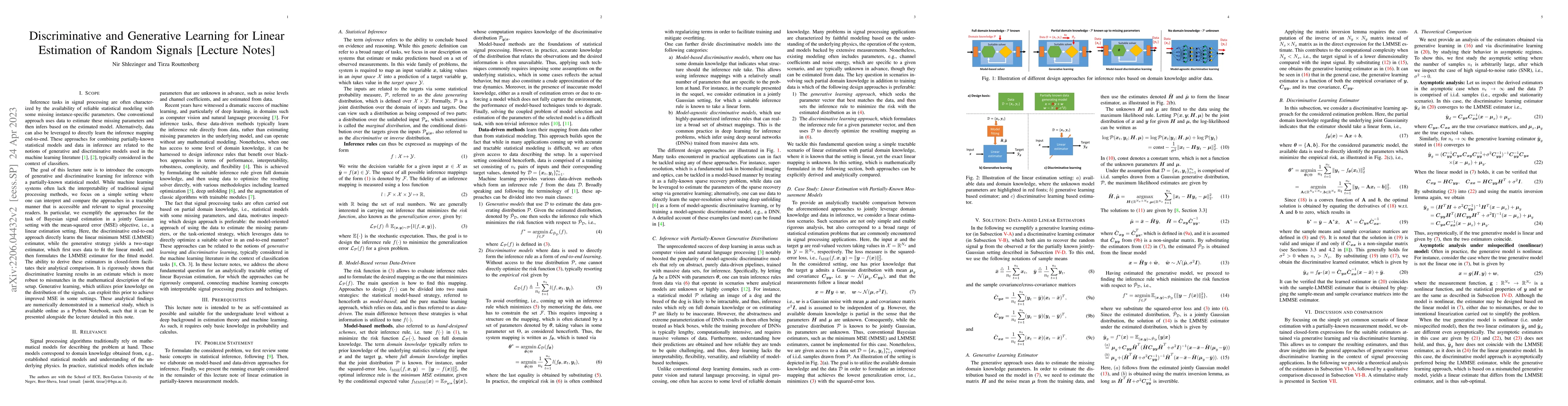 Thumbnail for Discriminative and Generative Learning for Linear Estimation of Random
  Signals [Lecture Notes]