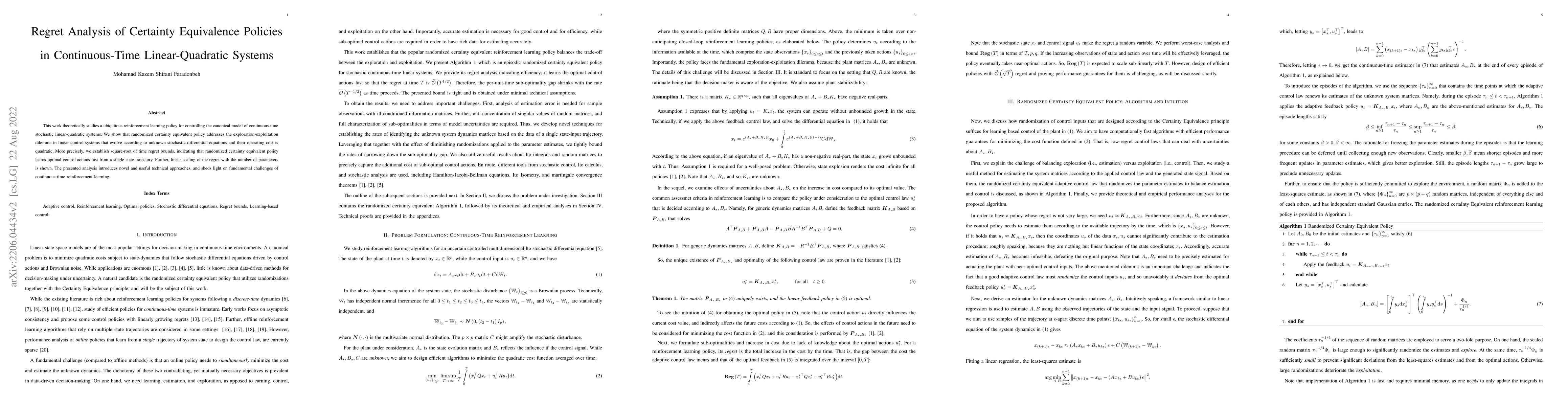 Thumbnail for Regret Analysis of Certainty Equivalence Policies in Continuous-Time
  Linear-Quadratic Systems
