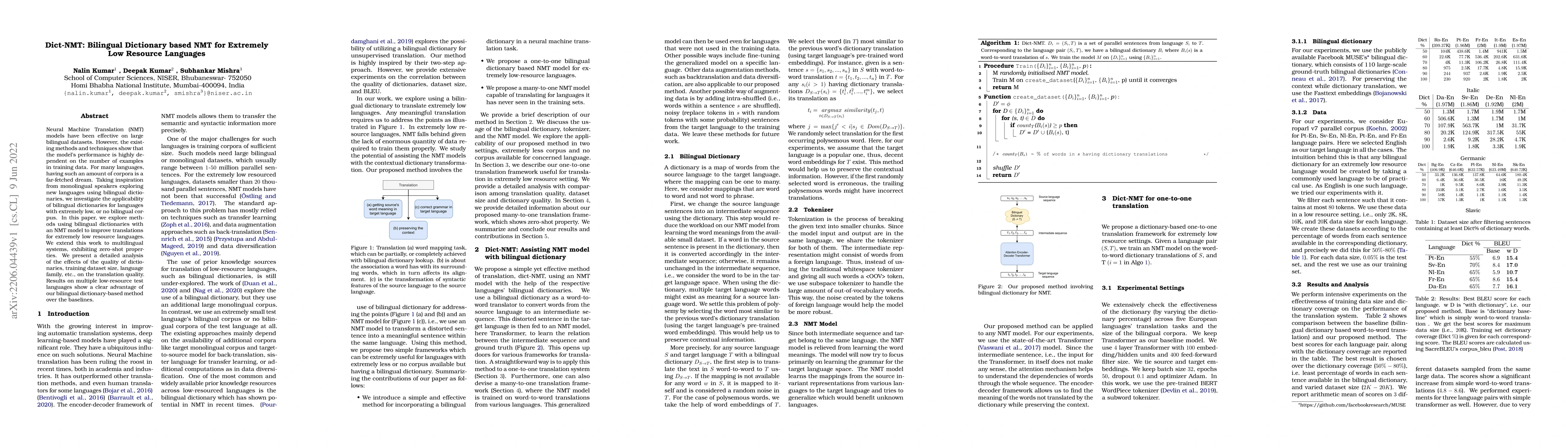 Thumbnail for Dict-NMT: Bilingual Dictionary based NMT for Extremely Low Resource
  Languages