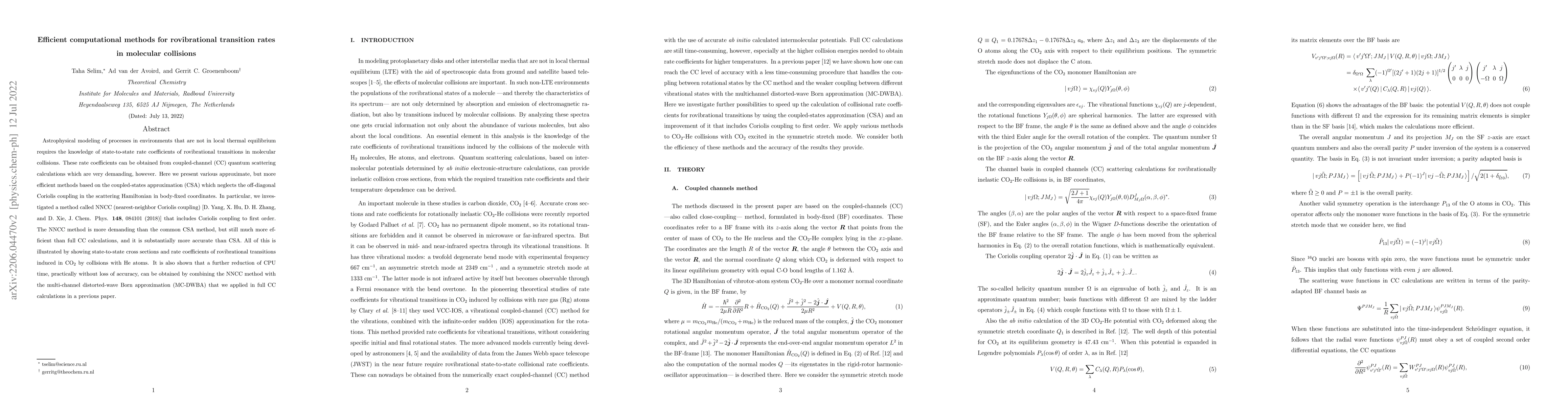 Thumbnail for Efficient computational methods for rovibrational transition rates in
  molecular collisions