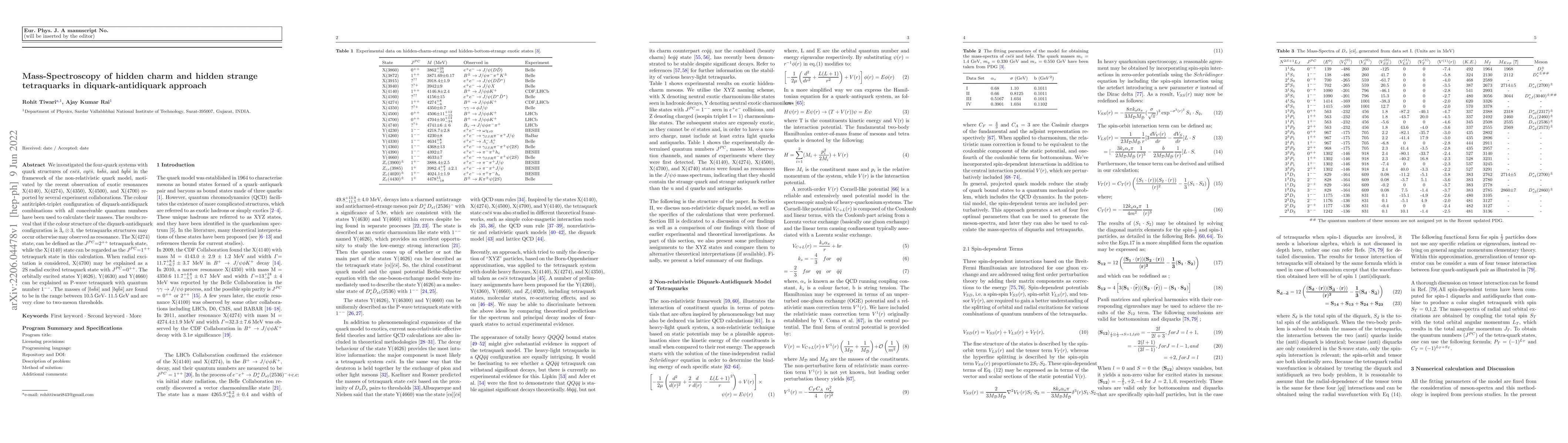 Thumbnail for Mass-Spectroscopy of hidden charm and hidden strange tetraquarks in
  diquark-antidiquark approach