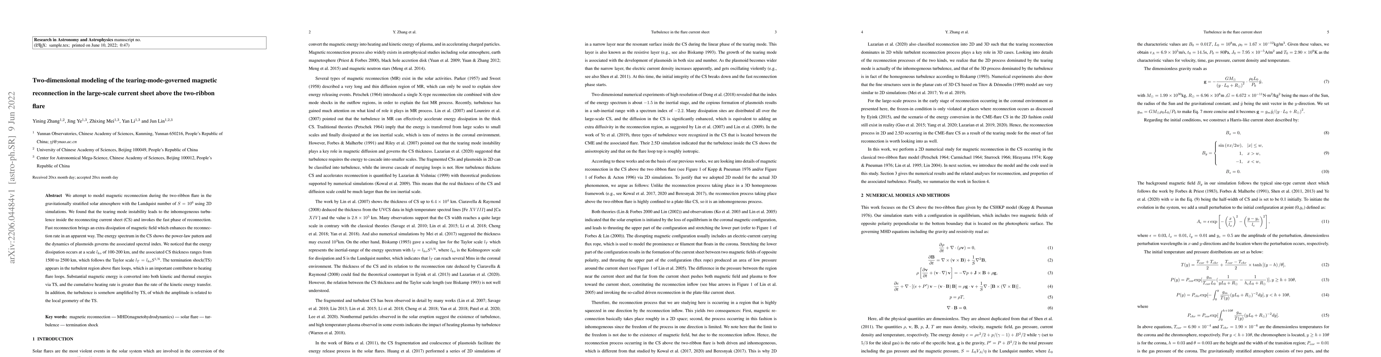 Thumbnail for Two-dimensional modeling of the tearing-mode-governed magnetic
  reconnection in the large-scale current sheet above the two-ribbon flare