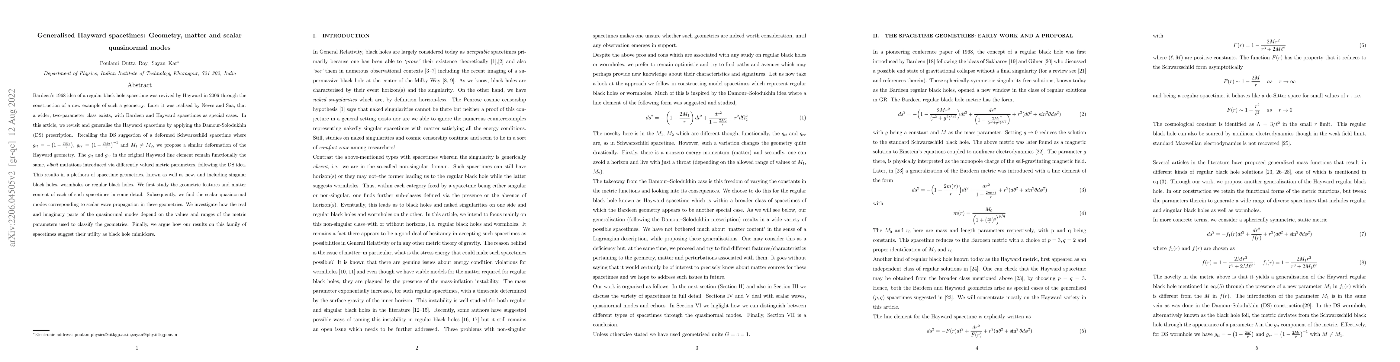 Thumbnail for Generalised Hayward spacetimes: Geometry, matter and scalar quasinormal
  modes