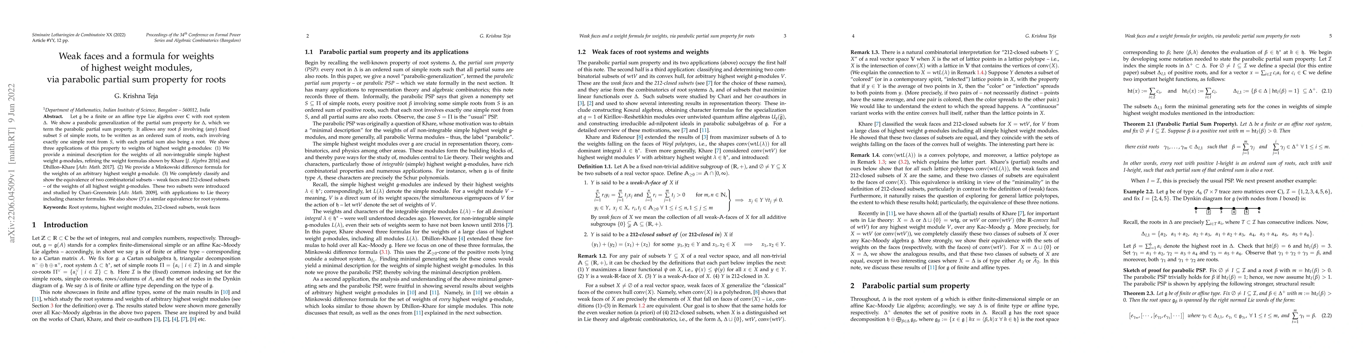 Thumbnail for Weak faces and a formula for weights of highest weight modules, via
  parabolic partial sum property for roots