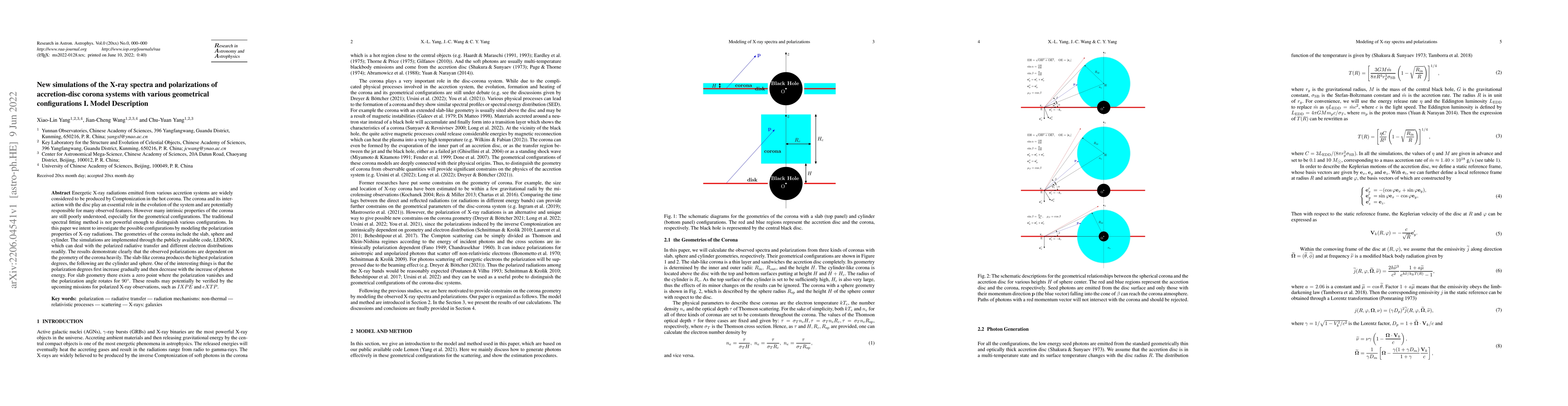 Thumbnail for New simulations of the X-ray spectra and polarizations of accretion-disc
  corona systems with various geometrical configurations I. Model Description