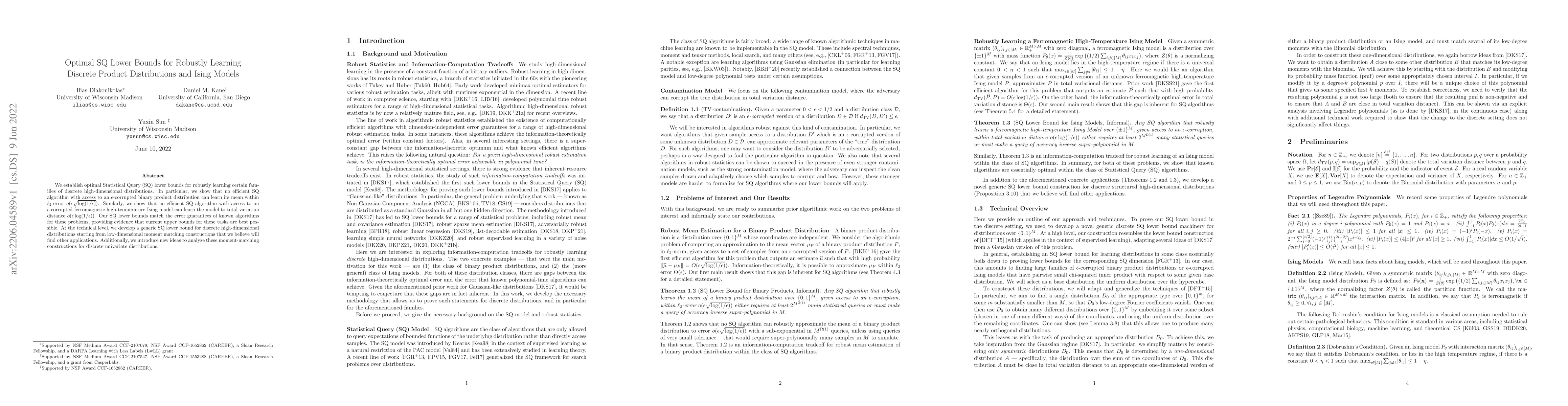Thumbnail for Optimal SQ Lower Bounds for Robustly Learning Discrete Product
  Distributions and Ising Models