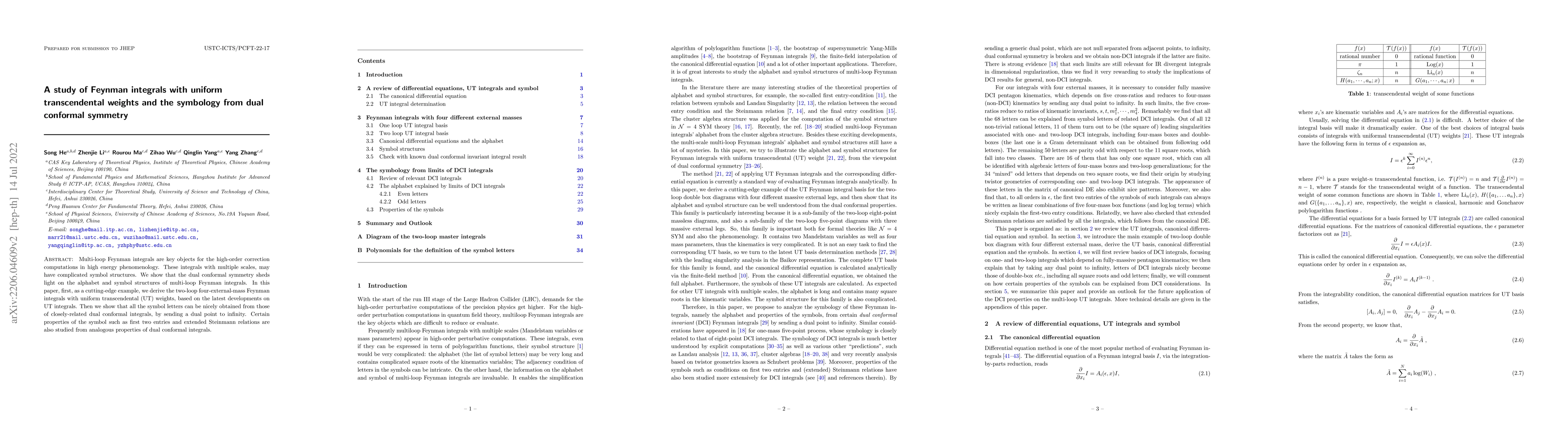 Thumbnail for A study of Feynman integrals with uniform transcendental weights and the
  symbology from dual conformal symmetry
