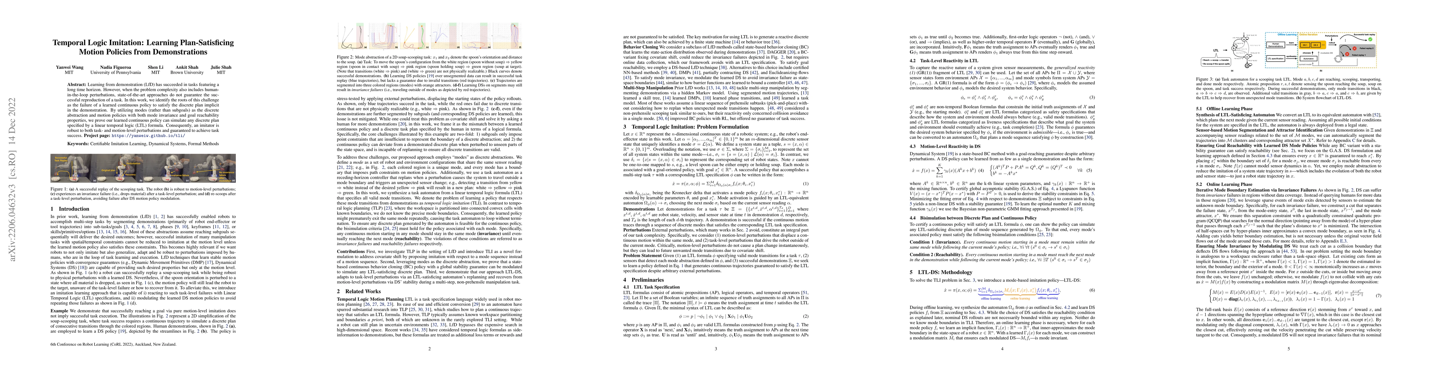 Thumbnail for Temporal Logic Imitation: Learning Plan-Satisficing Motion Policies from
  Demonstrations