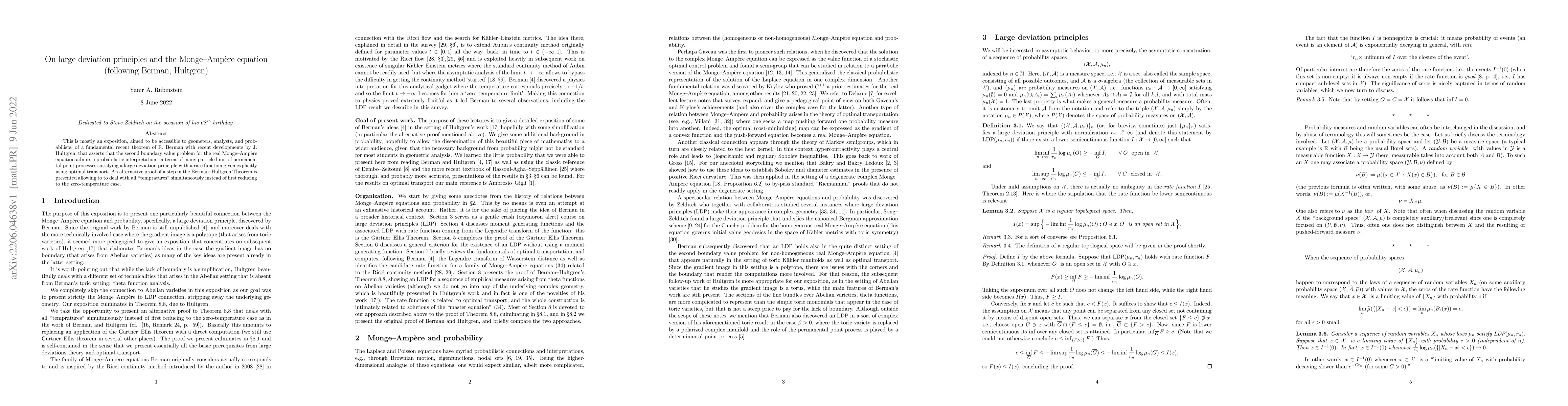 Thumbnail for On large deviation principles and the Monge--Amp\`ere equation
  (following Berman, Hultgren)