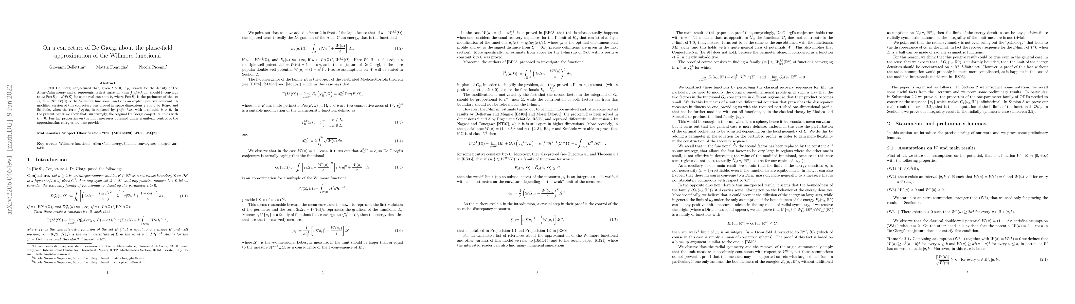 Thumbnail for On a conjecture of De Giorgi about the phase-field approximation of the
  Willmore functional