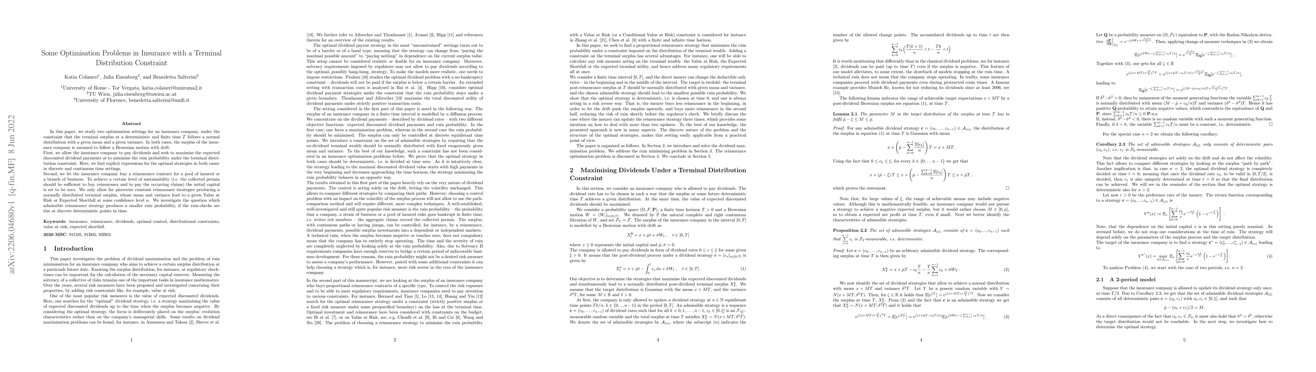 Thumbnail for Some Optimisation Problems in Insurance with a Terminal Distribution
  Constraint