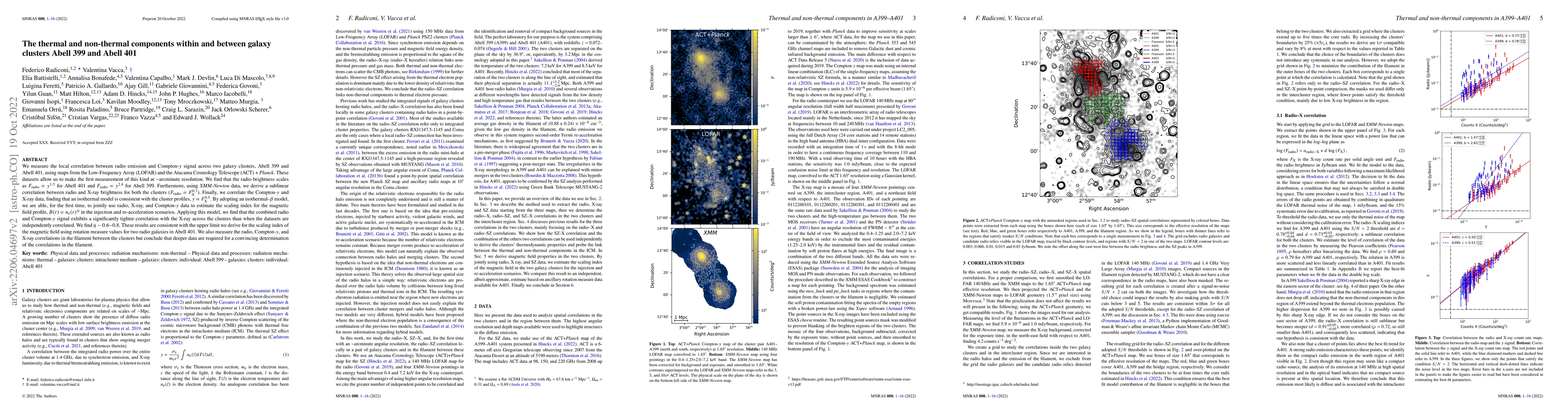Thumbnail for The thermal and non-thermal components within and between galaxy
  clusters Abell 399 and Abell 401