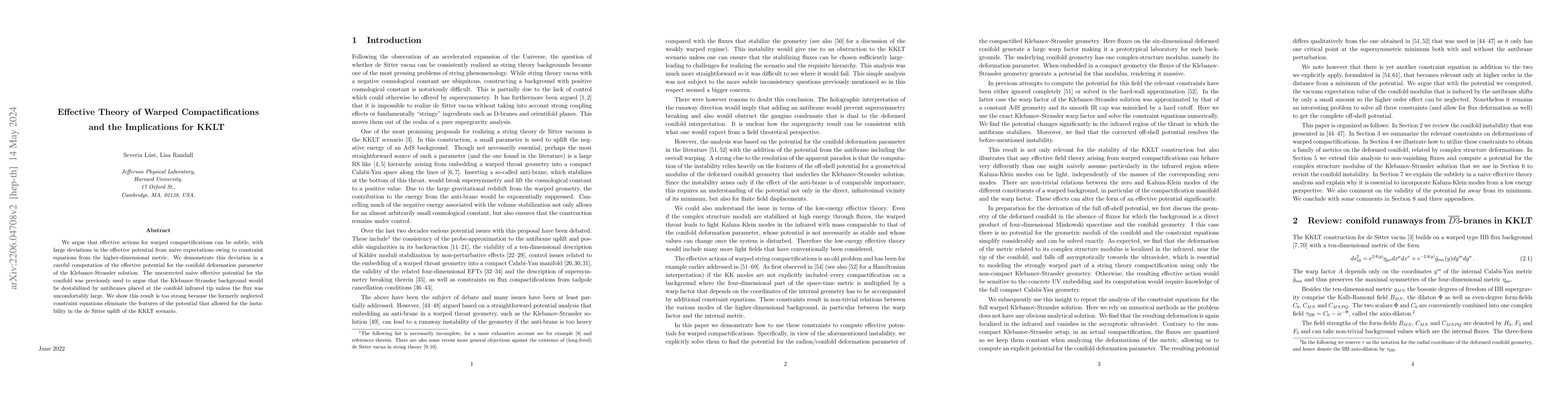 Thumbnail for Effective Theory of Warped Compactifications and the Implications for
  KKLT