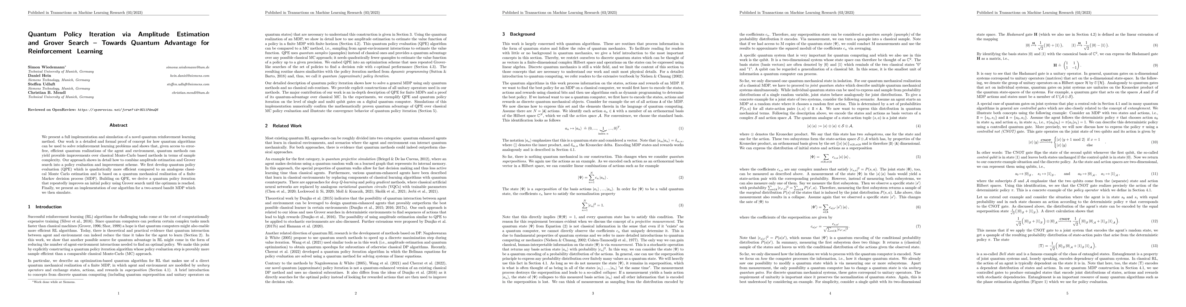Thumbnail for Quantum Policy Iteration via Amplitude Estimation and Grover Search --
  Towards Quantum Advantage for Reinforcement Learning