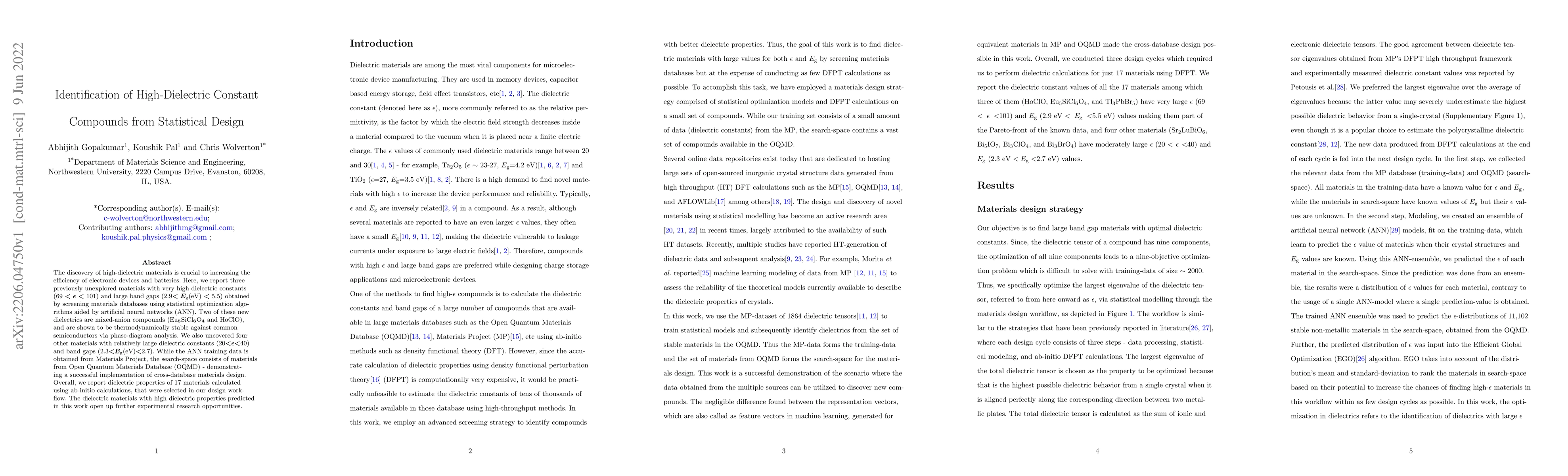 Thumbnail for Identification of High-Dielectric Constant Compounds from Statistical
  Design