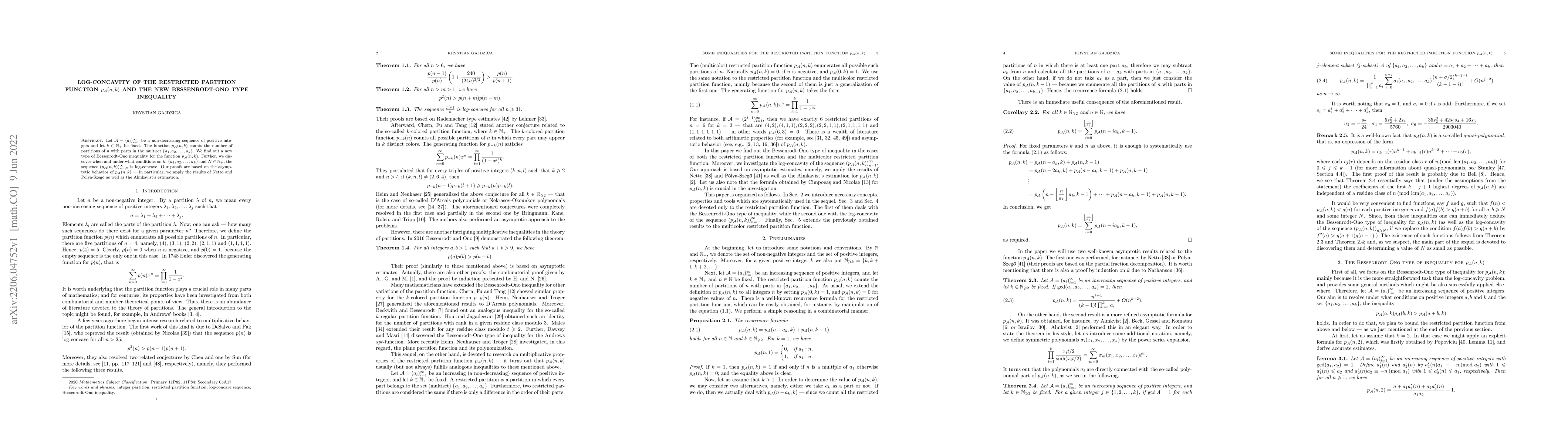 Thumbnail for Log-concavity of the restricted partition function $p_\mathcal{A}(n,k)$
  and the new Bessenrodt-Ono type inequality