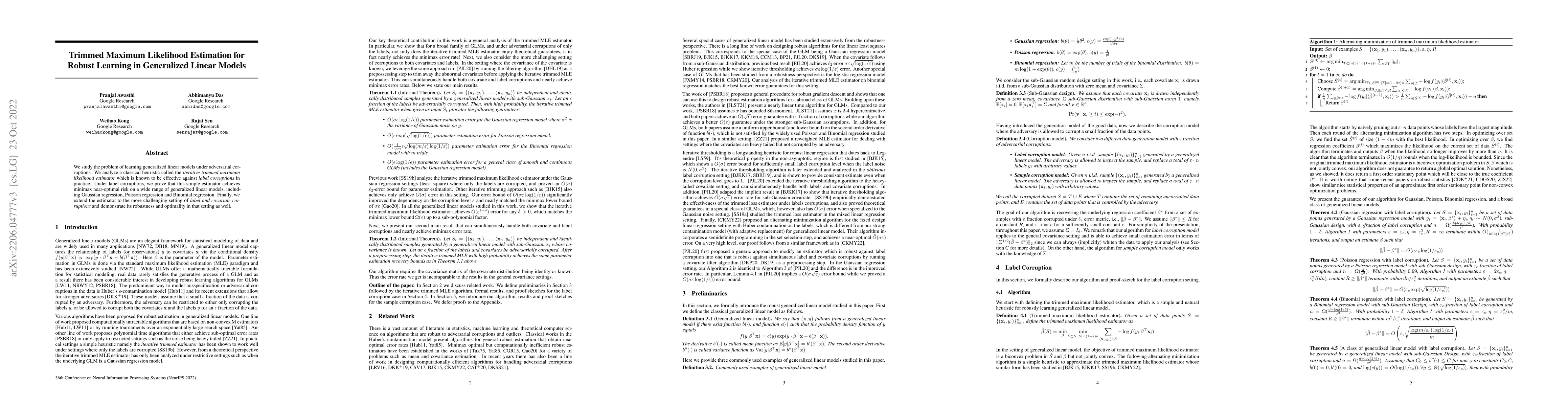 Thumbnail for Trimmed Maximum Likelihood Estimation for Robust Learning in Generalized
  Linear Models