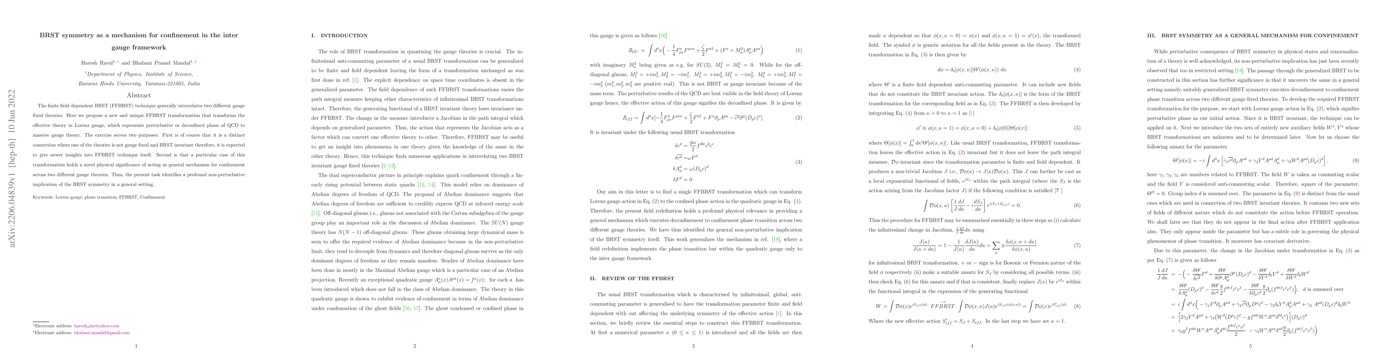 Thumbnail for BRST symmetry as a mechanism for confinement in the inter gauge
  framework