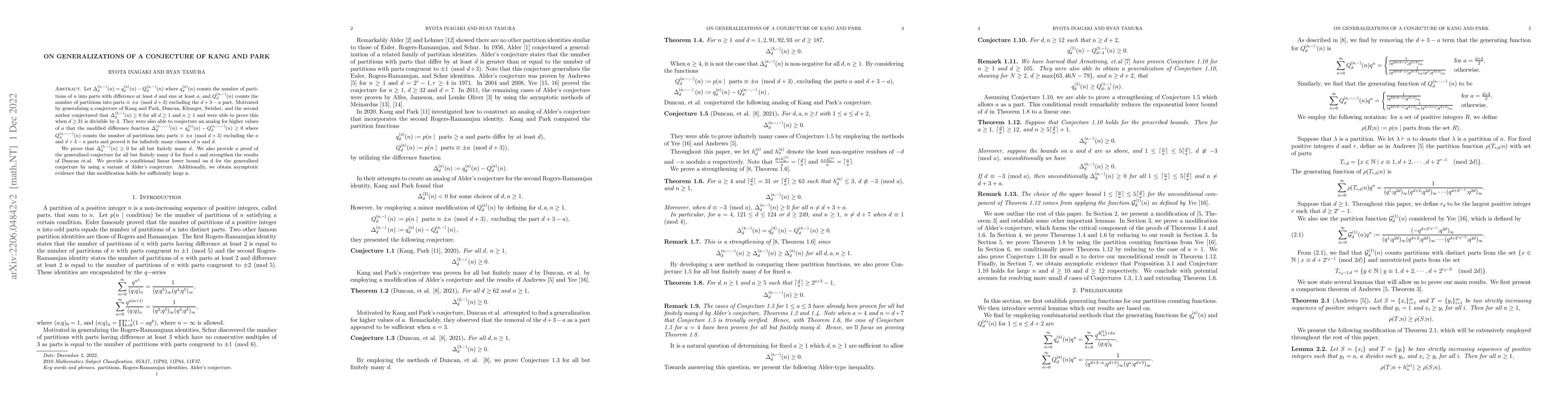 Thumbnail for On Generalizations of a Conjecture of Kang and Park