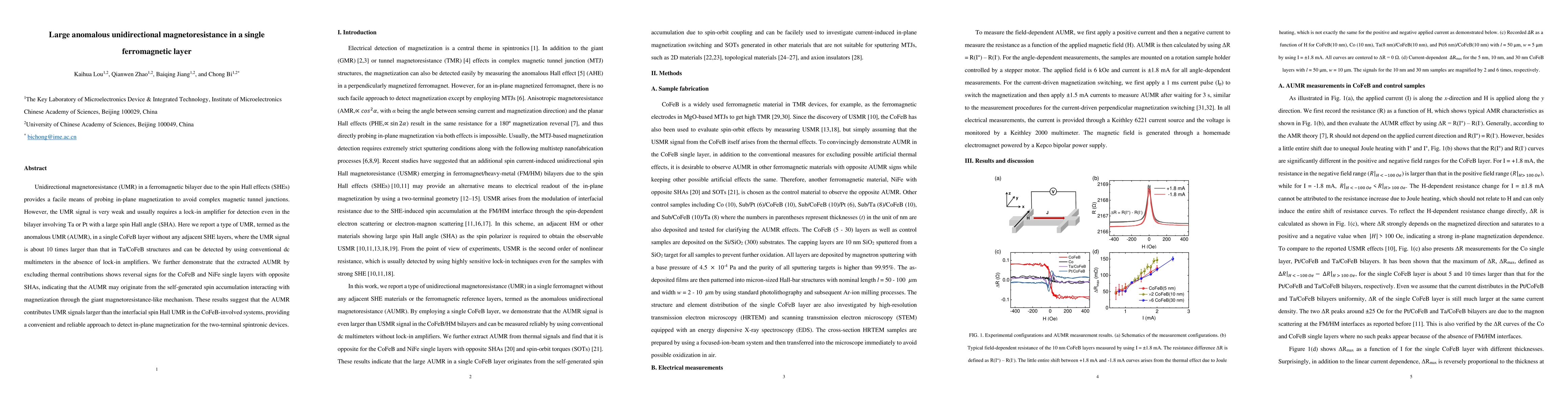 Thumbnail for Large anomalous unidirectional magnetoresistance in a single
  ferromagnetic layer