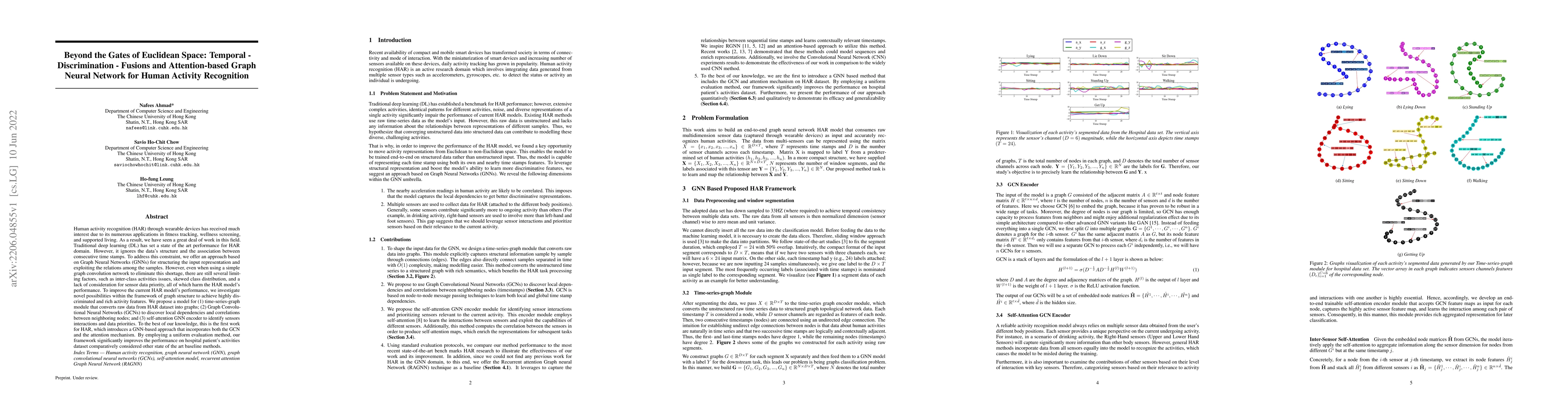 Thumbnail for Beyond the Gates of Euclidean Space: Temporal-Discrimination-Fusions and
  Attention-based Graph Neural Network for Human Activity Recognition
