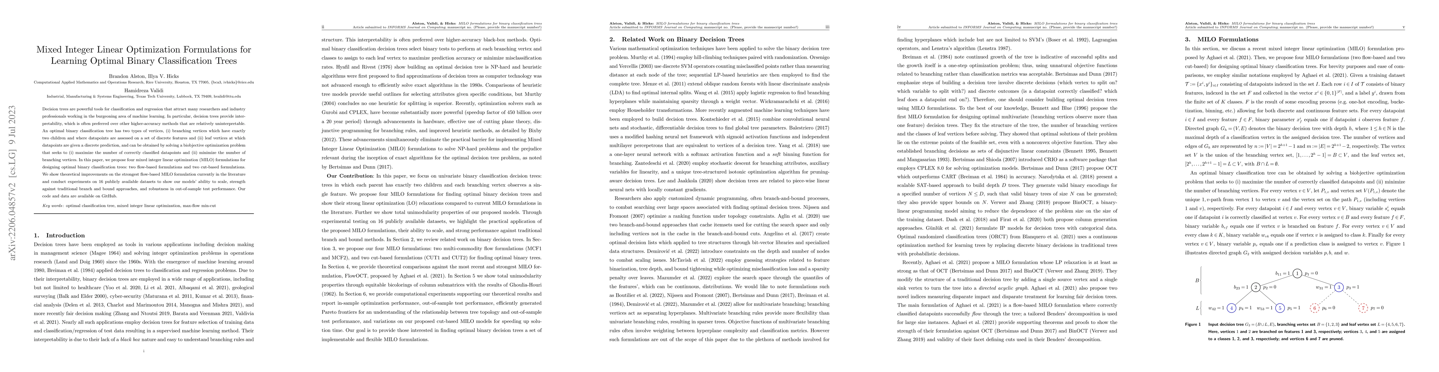 Thumbnail for Mixed integer linear optimization formulations for learning optimal
  binary classification trees