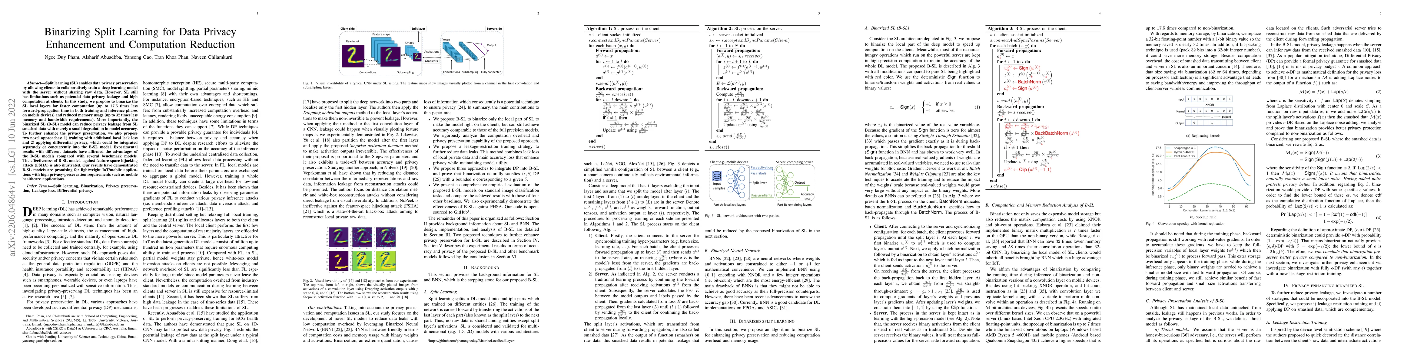 Thumbnail for Binarizing Split Learning for Data Privacy Enhancement and Computation
  Reduction