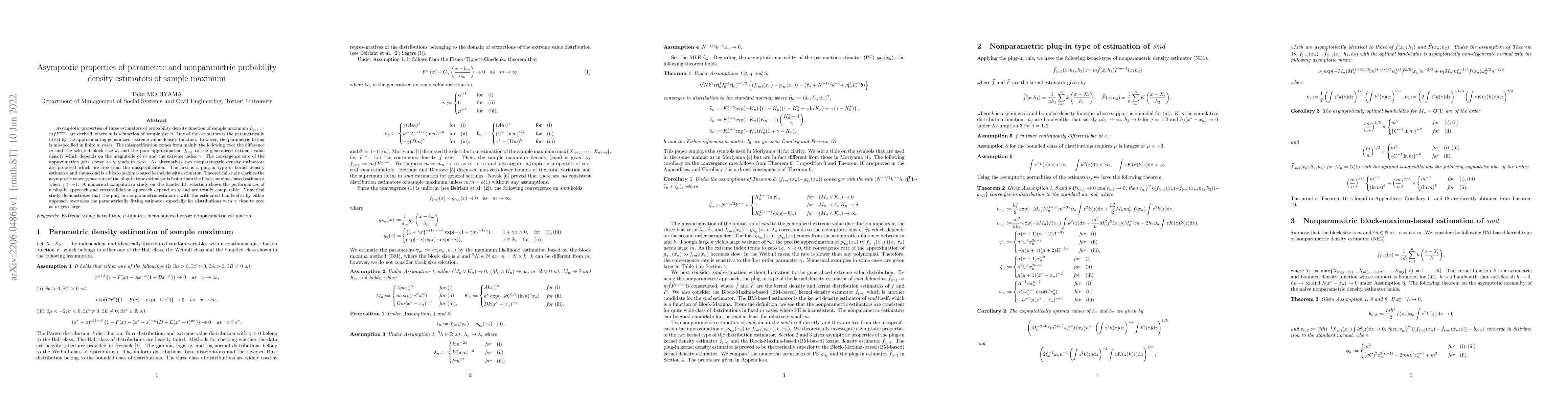 Thumbnail for Asymptotic properties of parametric and nonparametric probability
  density estimators of sample maximum
