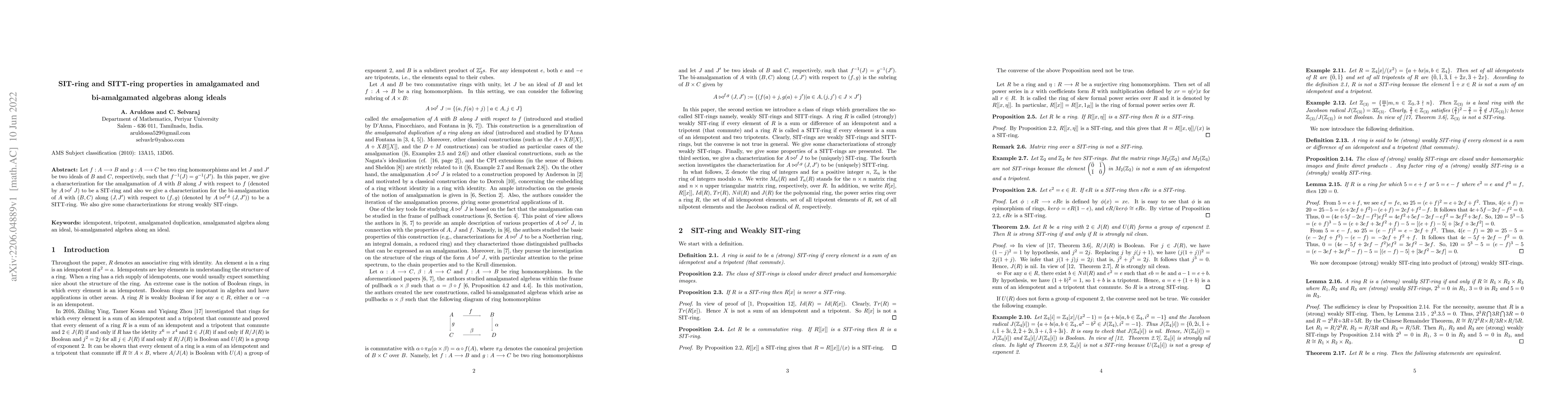 Thumbnail for SIT-ring and SITT-ring properties in amalgamated and bi-amalgamated
  algebras along ideals