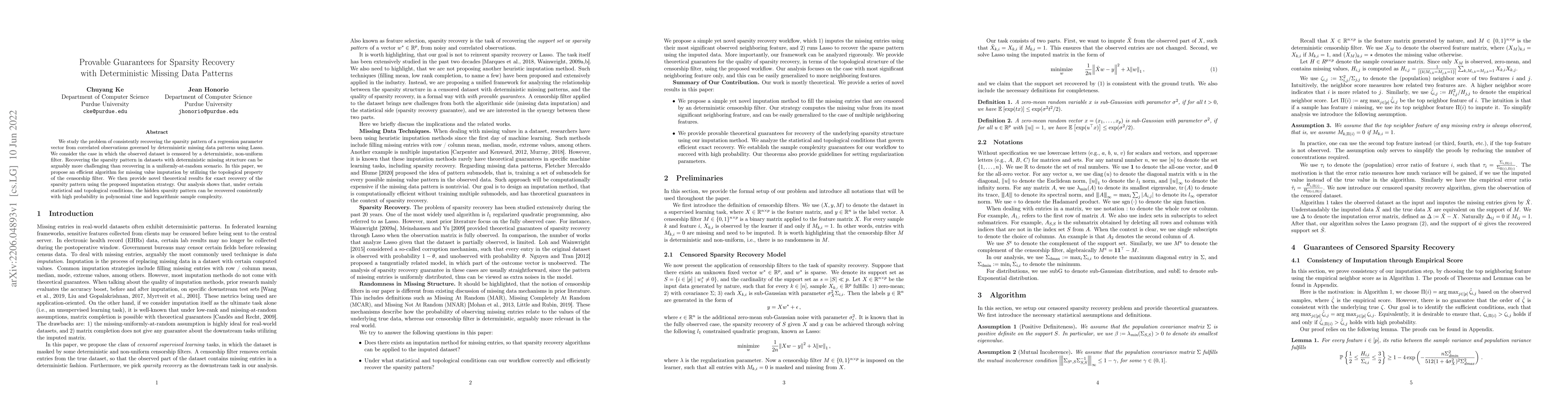 Thumbnail for Provable Guarantees for Sparsity Recovery with Deterministic Missing
  Data Patterns