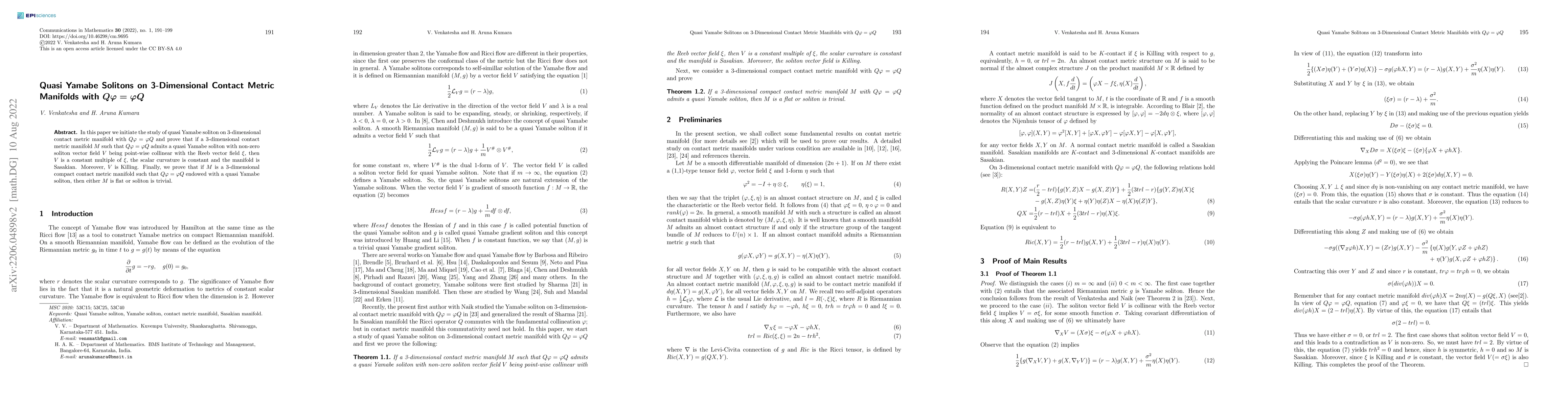 Thumbnail for Quasi Yamabe Solitons on 3-Dimensional Contact Metric Manifolds with
  Q\varphi=\varphi Q