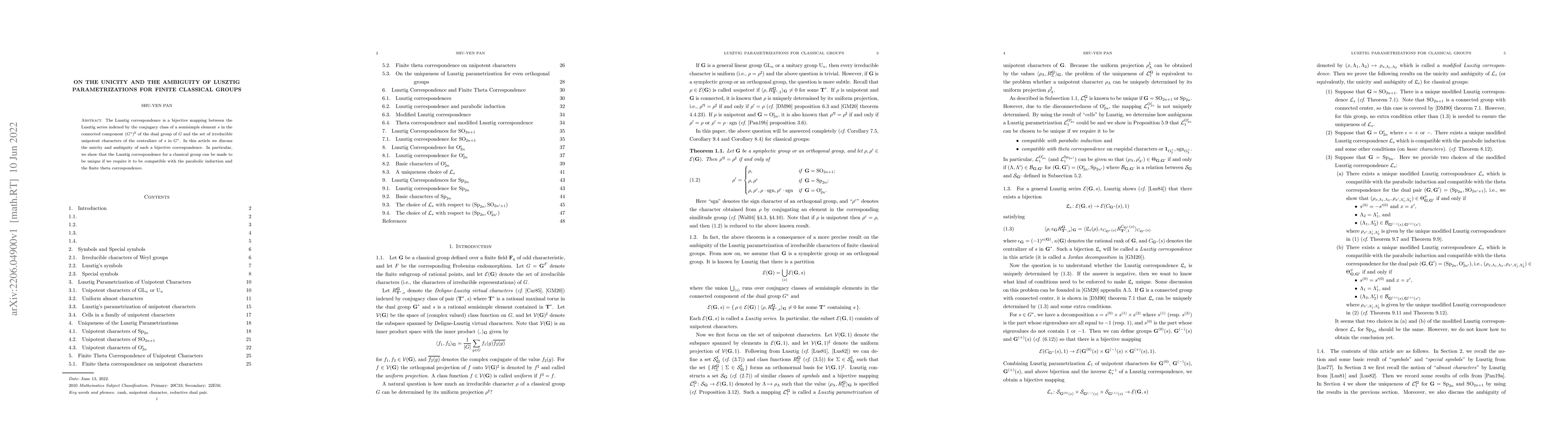 Thumbnail for On the Unicity and the Ambiguity of Lusztig Parametrizations for Finite
  Classical Groups